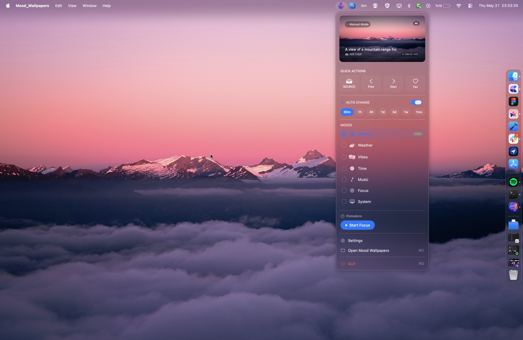 Menu Bar dropdown showing the current wallpaper, quick actions, auto-change intervals, all six modes, and a Pomodoro starter