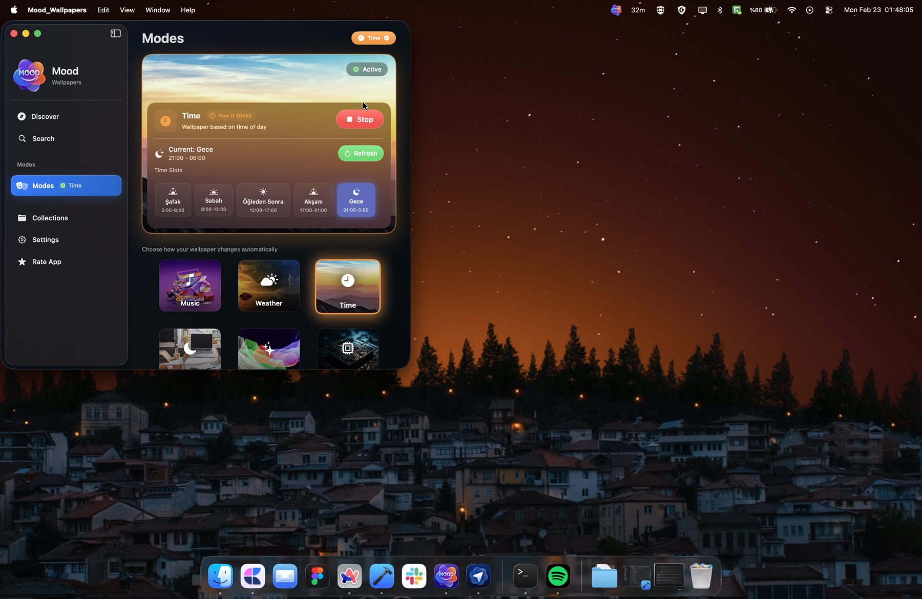 Time Mode showing five time slots (dawn through night) with a nighttime wallpaper of a town under a starry sky