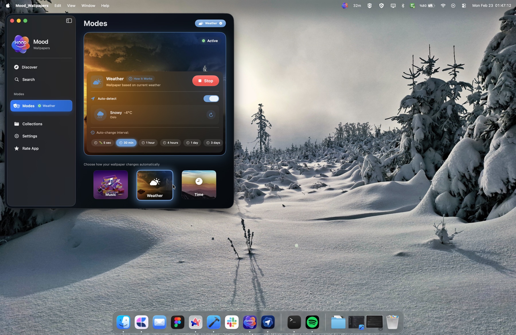 Weather Mode showing a snowy day in Oslo, -4°C, with matching snow wallpaper
